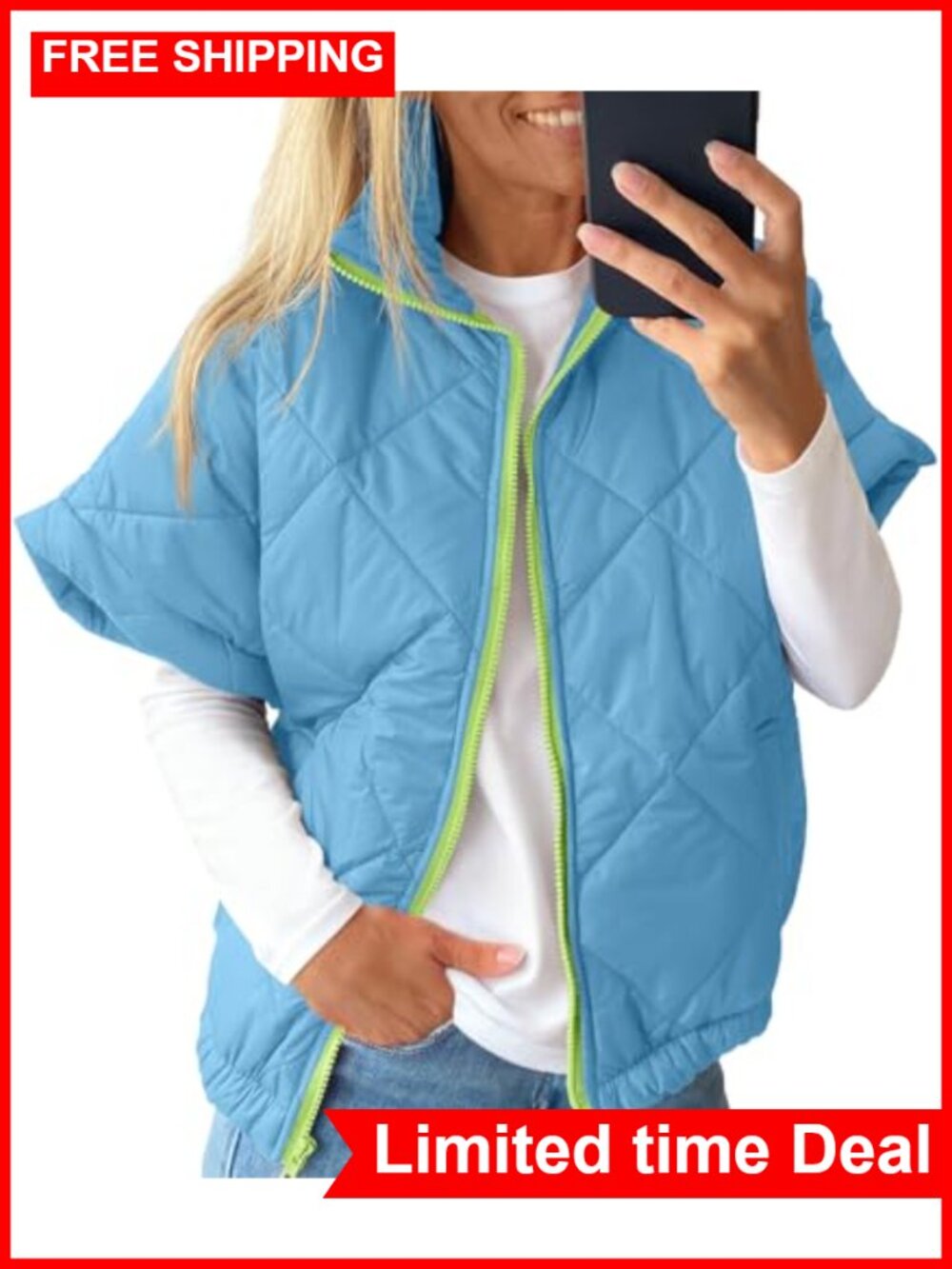 Lightweight Quilted Puffer Vest Zip Up Oversized Sleeveless Outerwear